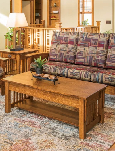 Mission-style coffee table and sofa in a living room