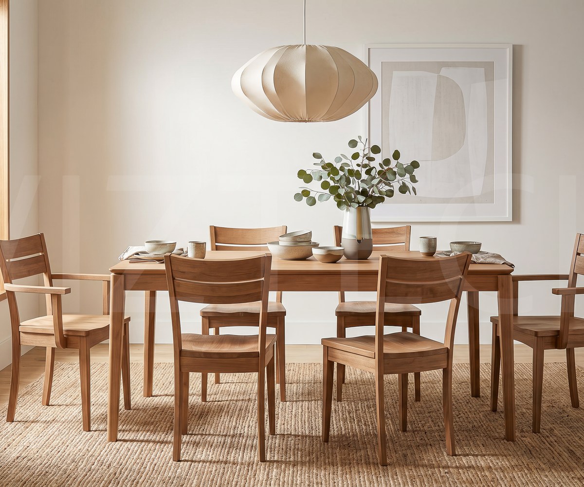 Brown maple dining table and chairs under a modern pendant light