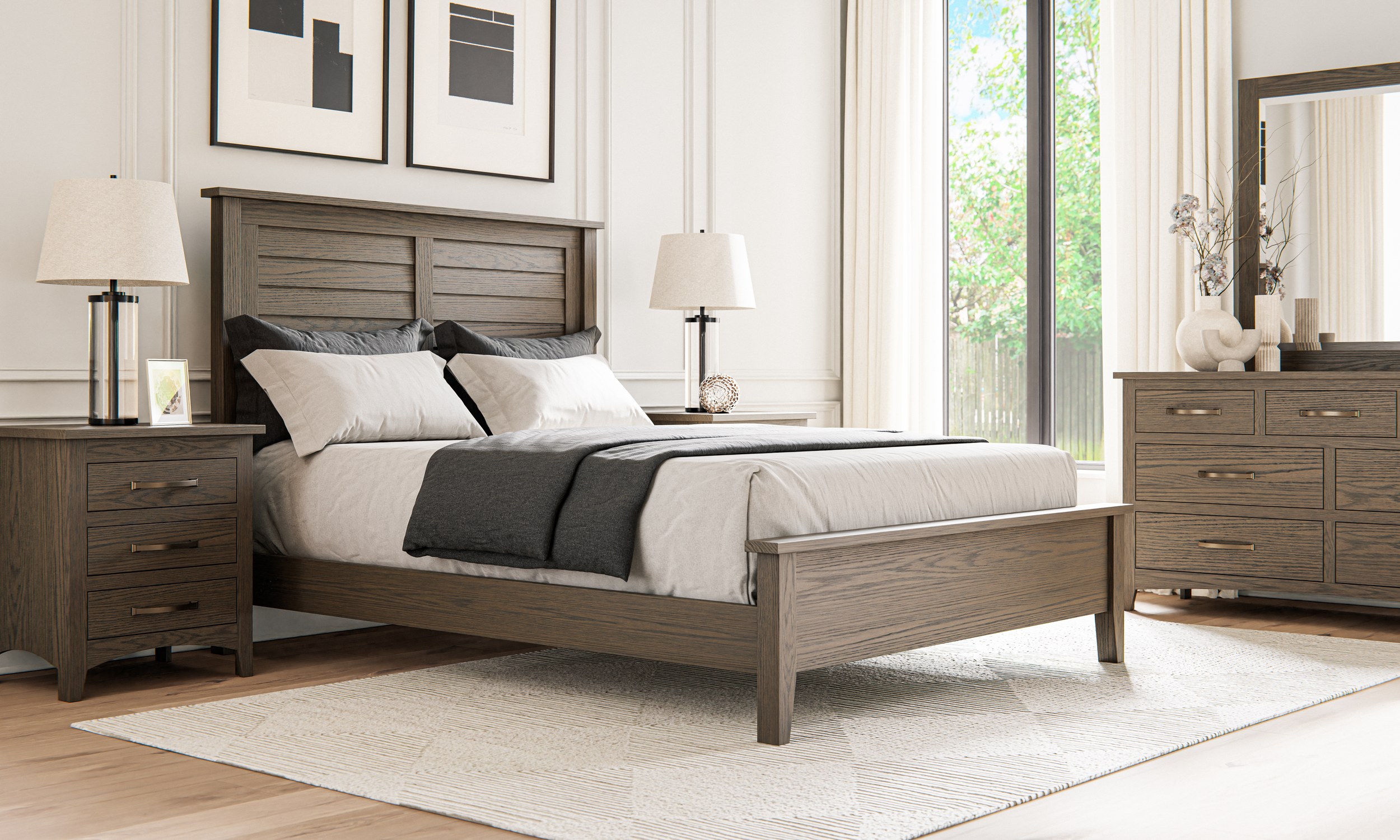 Gray-finished solid wood bed with matching nightstands and dresser