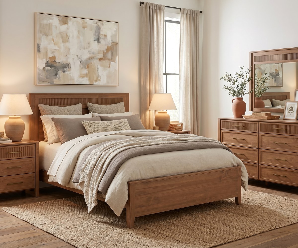Solid wood bed, nightstands and dresser in a warm, neutral bedroom