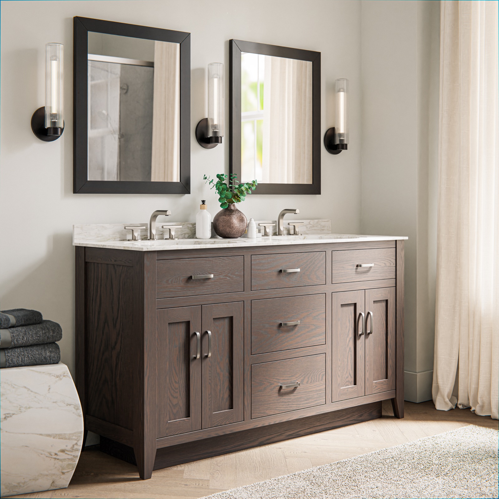 Solid wood bathroom vanity in a finished bathroom