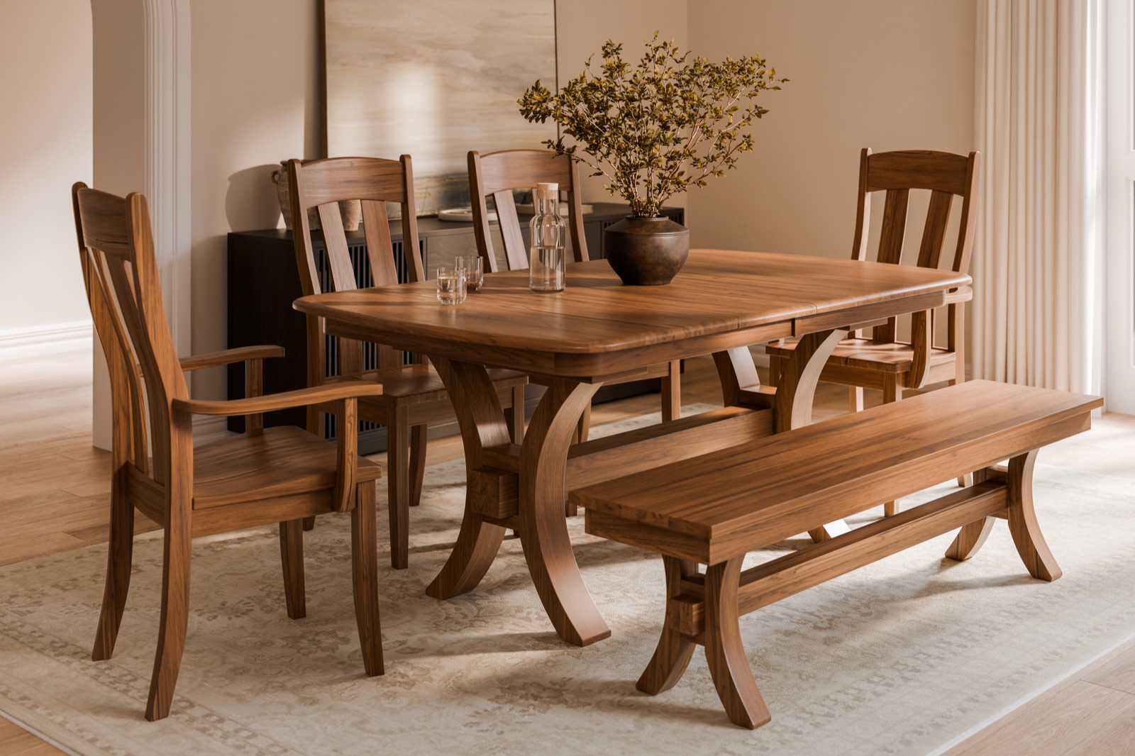 Solid wood dining table and chairs in a finished dining room
